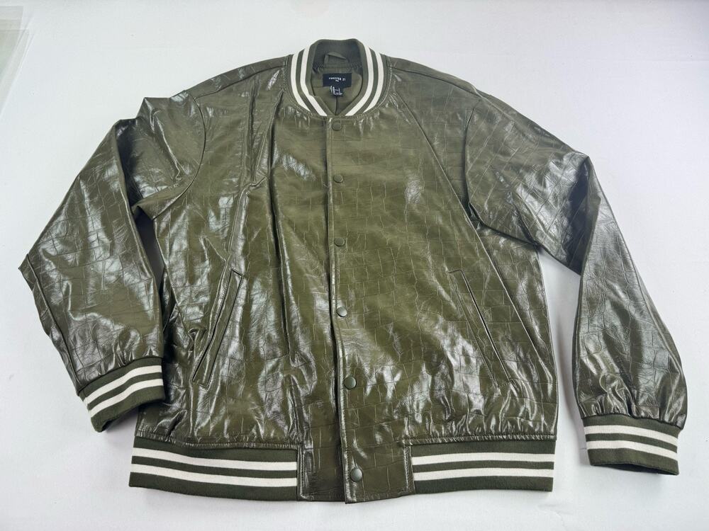 Forever 21 Men’s Large Olive Green Croc Embossed Faux Leather Bomber Jacket